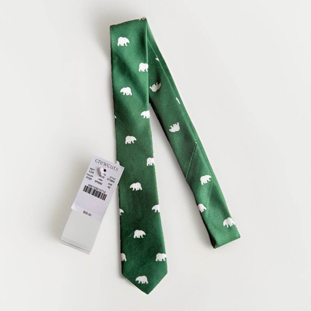 NWT J Crew Crewcuts 100% Silk Necktie Tie Green White Bear Toddler 42 Boys